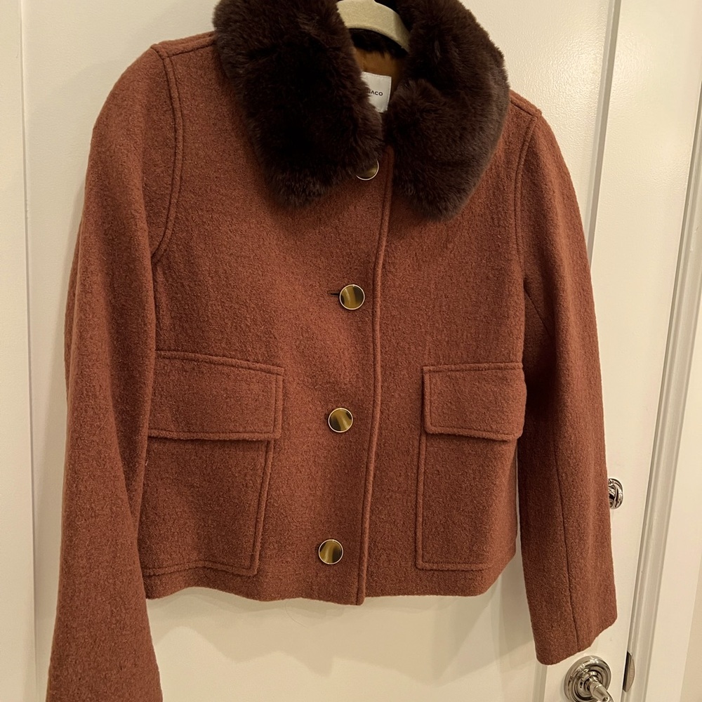Club Monaco Rust Brown Wool Jacket with Dark Brown Fur Collar